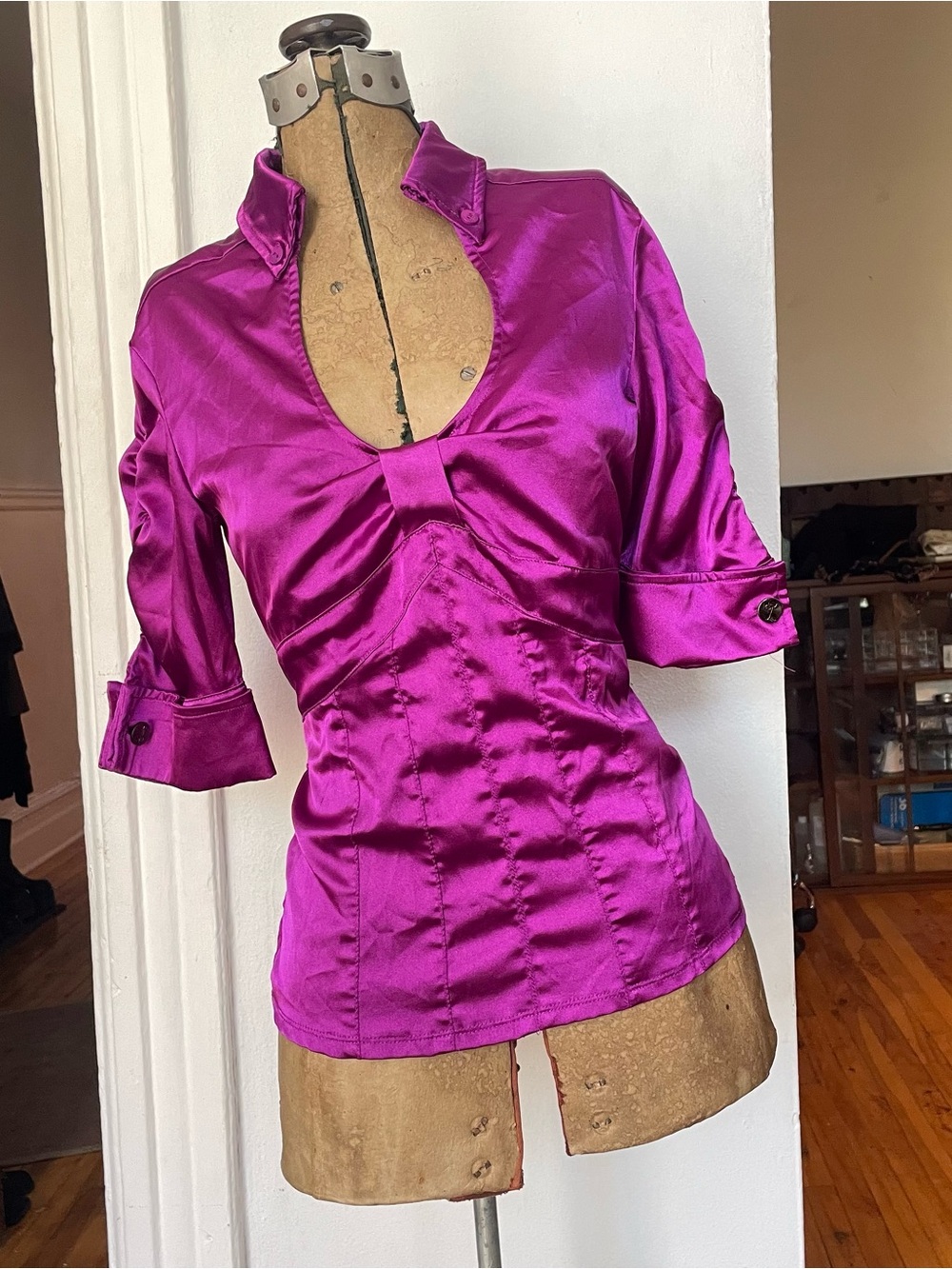 Women’s Satin Keyhole Blouse - Vibrant Magenta